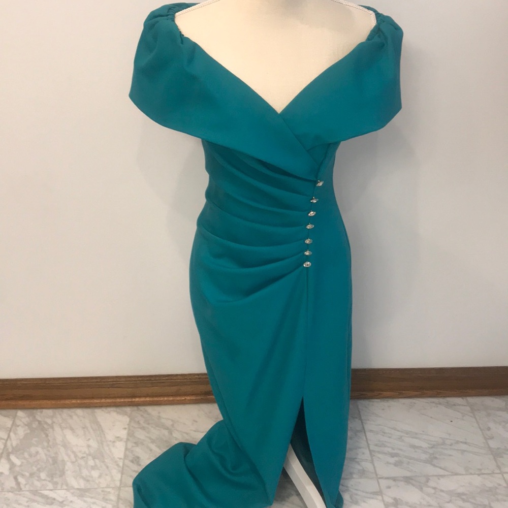 Teal Off the Shoulder Long Dress w/Diamond Detail